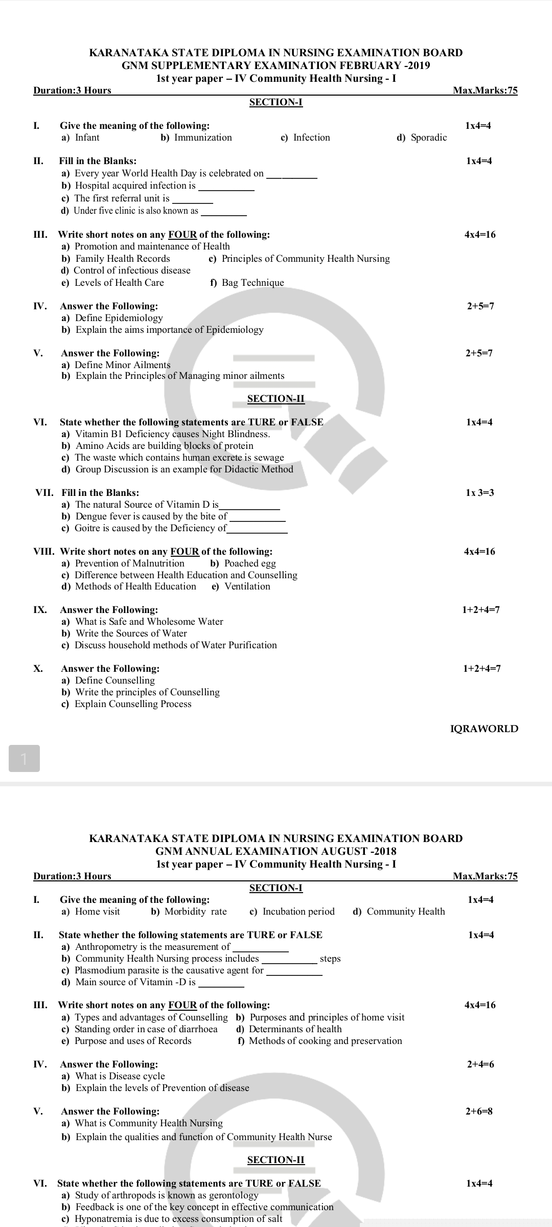 Community Health Nursing questions (KARANATAKA STATE DIPLOMA IN NURSING EXAMINATION BOARD )