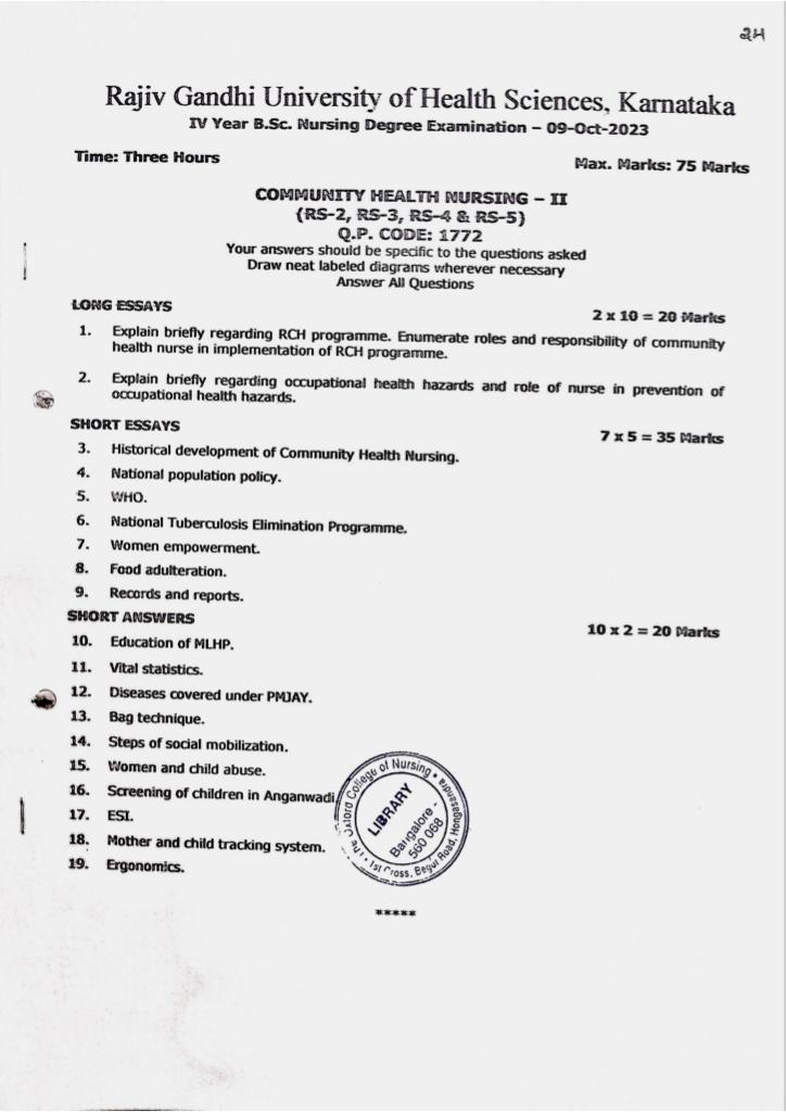 community health nursing II previous year question paper