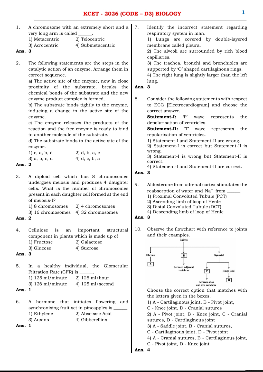 Preview of KCET biology Key answers 2026