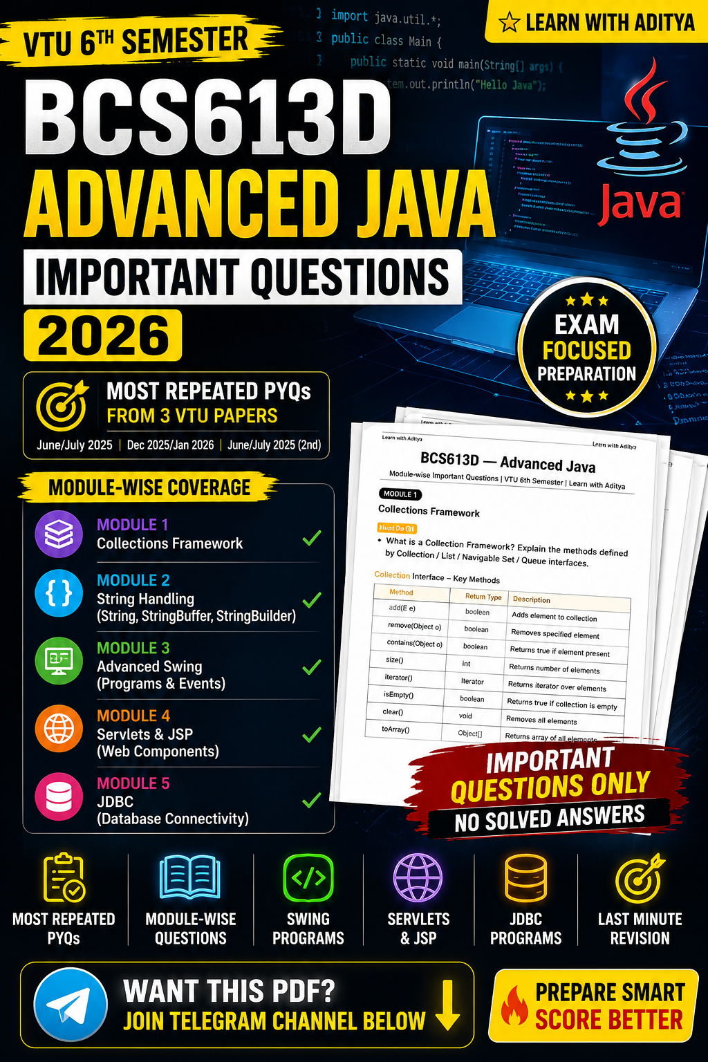 Download BCS613D Advanced Java Important Questions 2026  | VTU 6th Sem | Most Repeated PYQs PDF - Vidyari